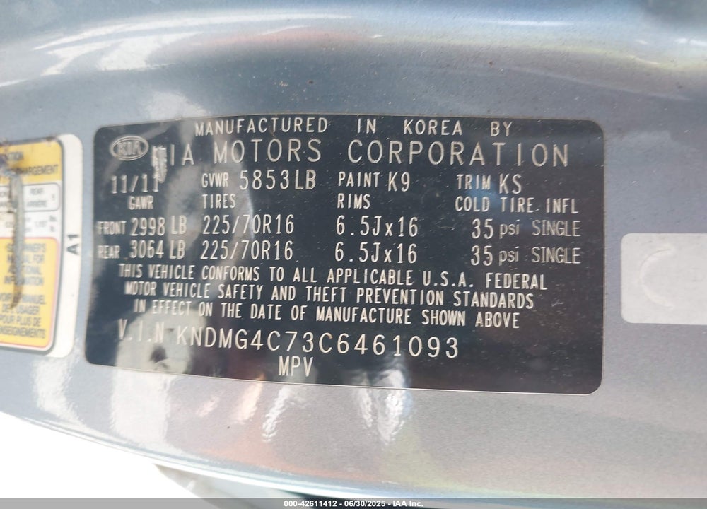 2012 KIA SEDONA LX VIN: KNDMG4C73C6461093