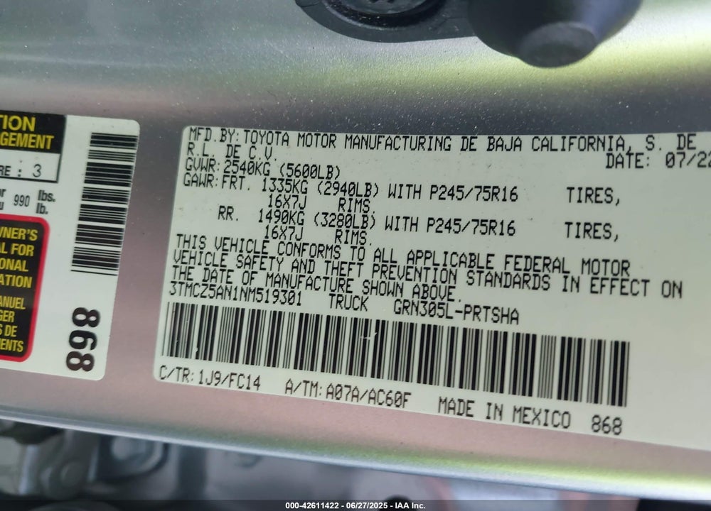 2022 TOYOTA TACOMA VIN: 3TMCZ5AN1NM519301