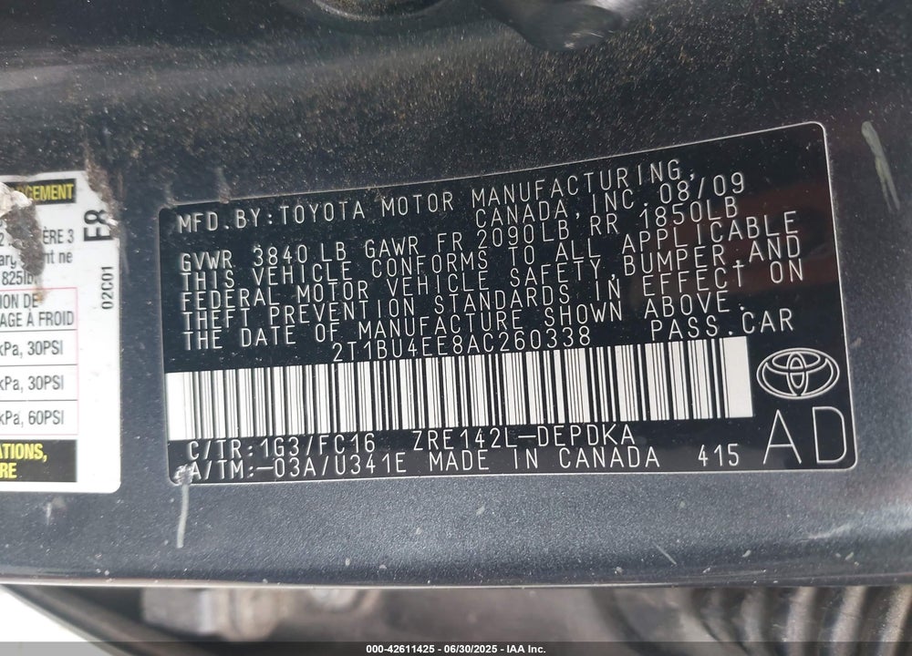 2010 TOYOTA COROLLA VIN: 2T1BU4EE8AC260338