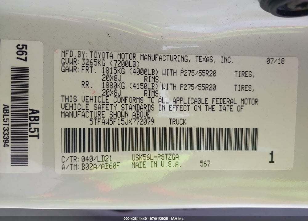 2018 TOYOTA TUNDRA VIN: 5TFAW5F15JX772079
