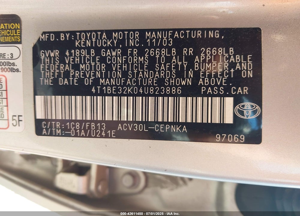 2004 TOYOTA CAMRY LE VIN: 4T1BE32K04U823886