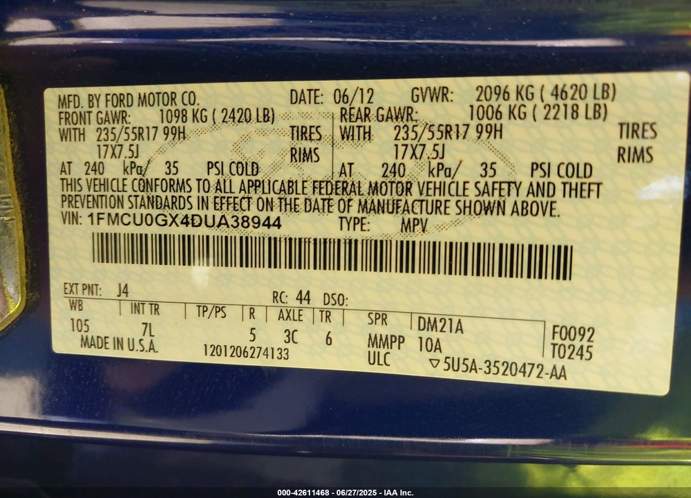 2013 FORD ESCAPE VIN: 1FMCU0GX4DUA38944