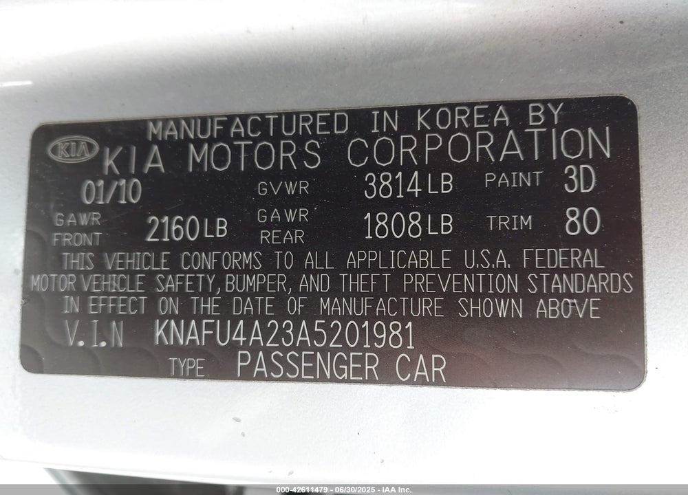 2010 KIA FORTE VIN: KNAFU4A23A5201981