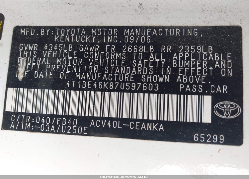 2007 TOYOTA CAMRY VIN: 4T1BE46K87U597603