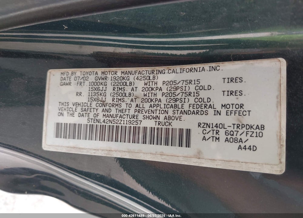2002 TOYOTA TACOMA VIN: 5TENL42N52Z119257