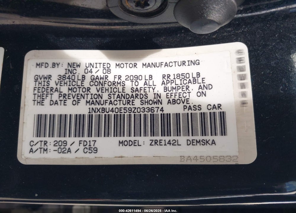 2009 TOYOTA COROLLA S VIN: 1NXBU40E59Z033674