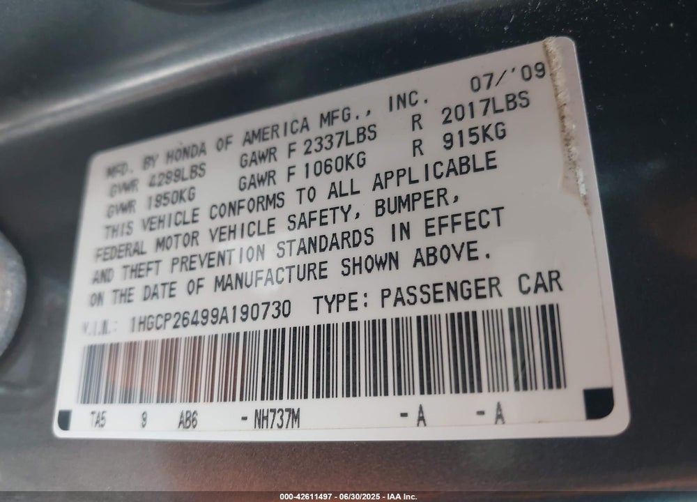 2009 HONDA ACCORD VIN: 1HGCP26499A190730