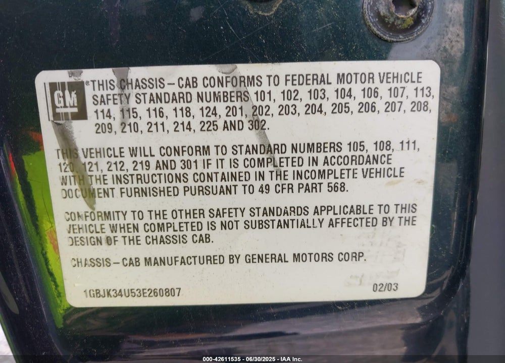 2003 CHEVROLET SILVERADO 3500 CHASSIS VIN: 1GBJK34U53E260807