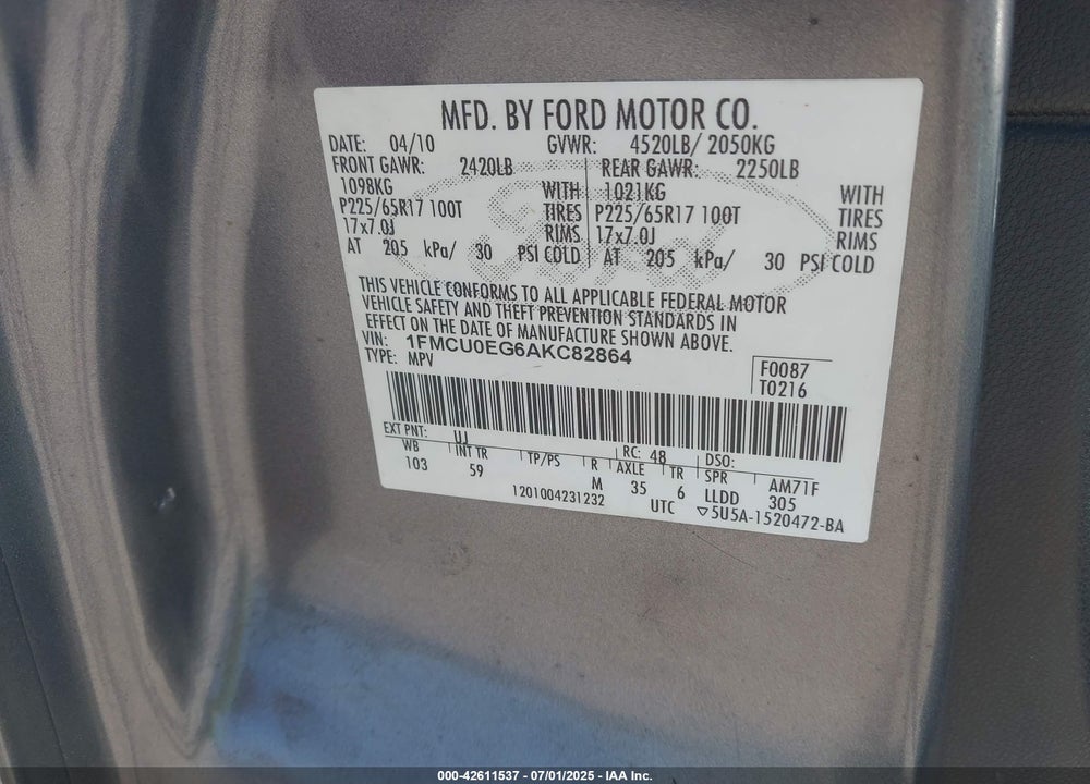 2010 FORD ESCAPE VIN: 1FMCU0EG6AKC82864