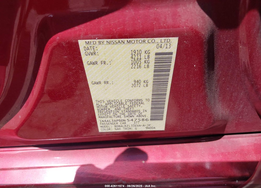 2013 NISSAN ALTIMA VIN: 1N4AL3AP6DN547586
