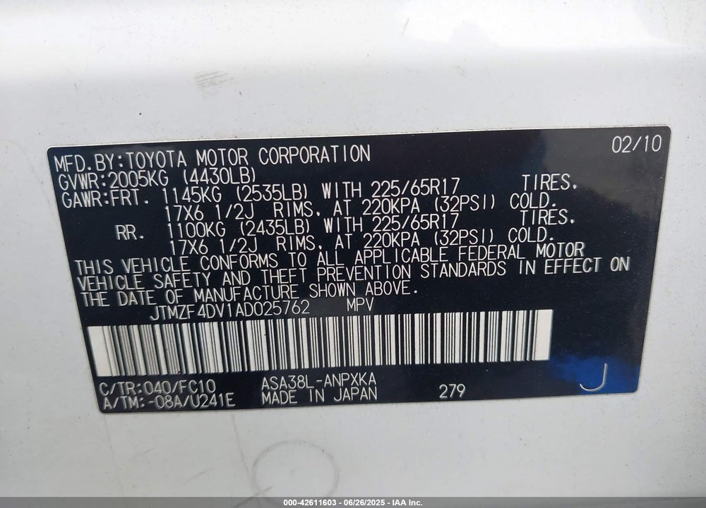 2010 TOYOTA RAV4 VIN: JTMZF4DV1AD025762