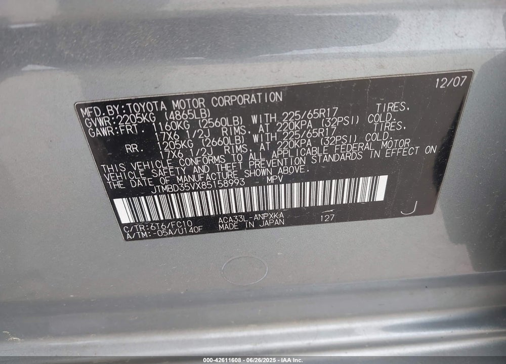 2008 TOYOTA RAV4 VIN: JTMBD35VX85158993