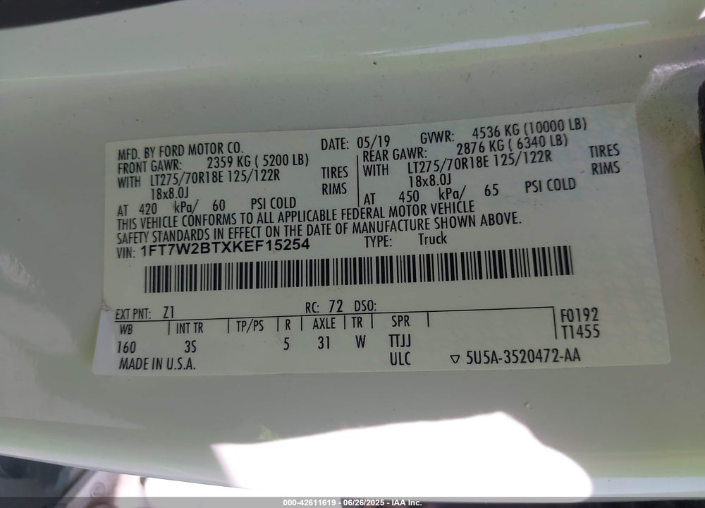 2019 FORD F-250 XLT VIN: 1FT7W2BTXKEF15254