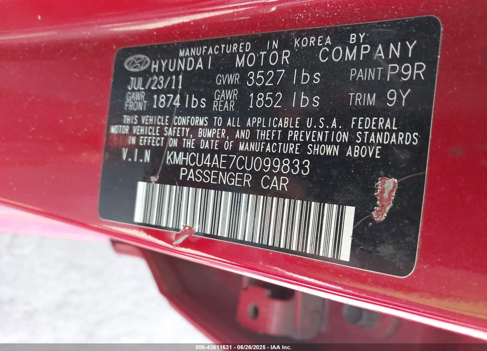 2012 HYUNDAI ACCENT VIN: KMHCU4AE7CU099833