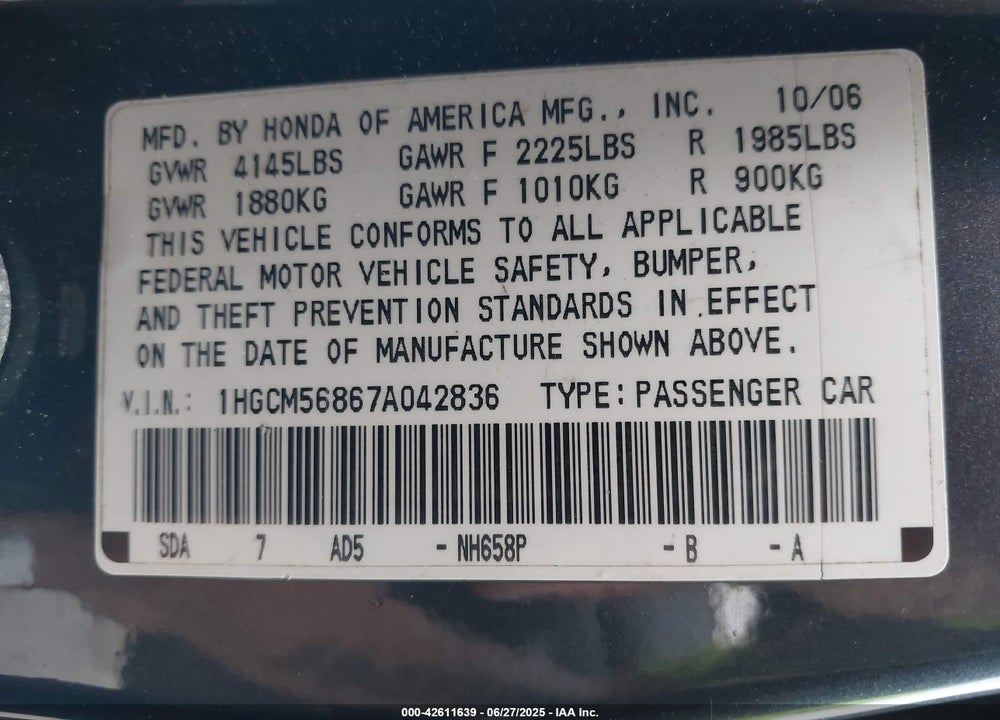 2007 HONDA ACCORD VIN: 1HGCM56867A042836
