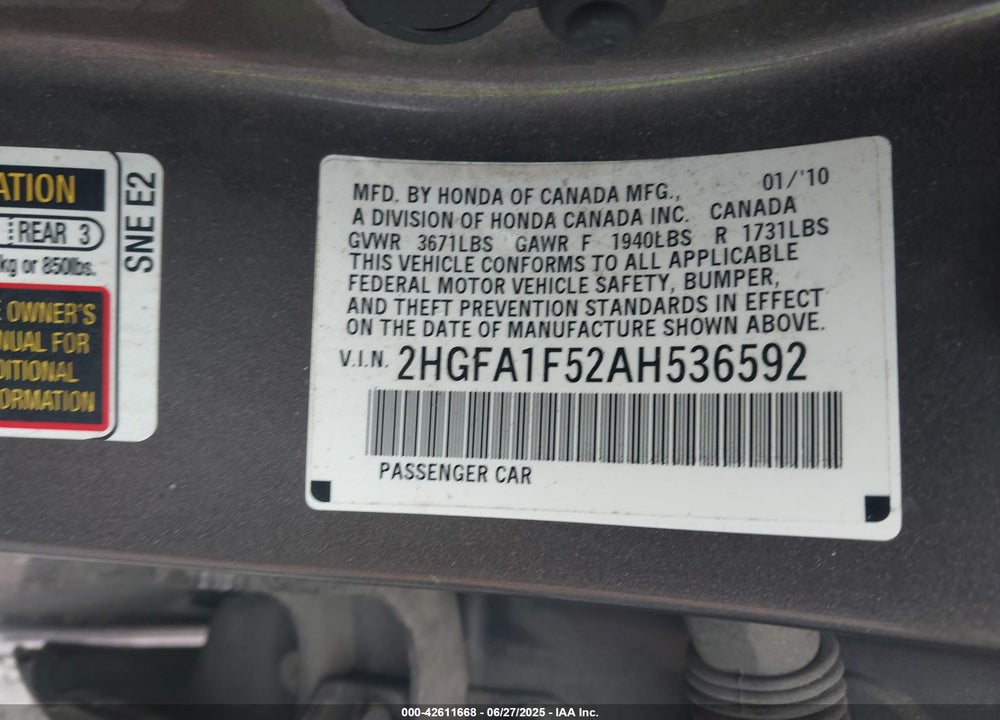 2010 HONDA CIVIC VIN: 2HGFA1F52AH536592