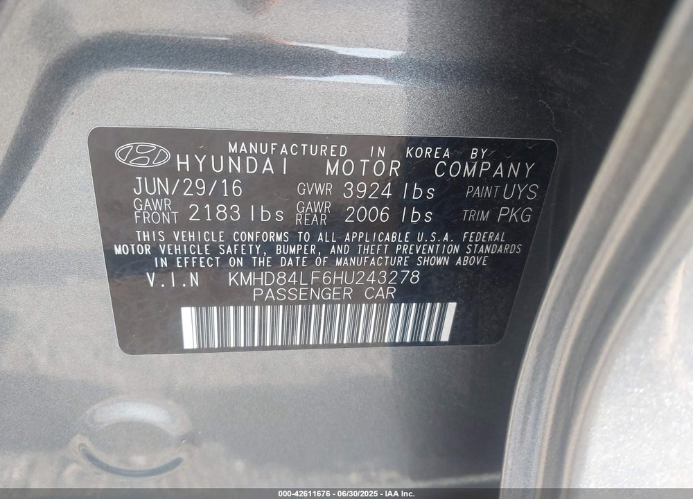 2017 HYUNDAI ELANTRA VIN: KMHD84LF6HU243278