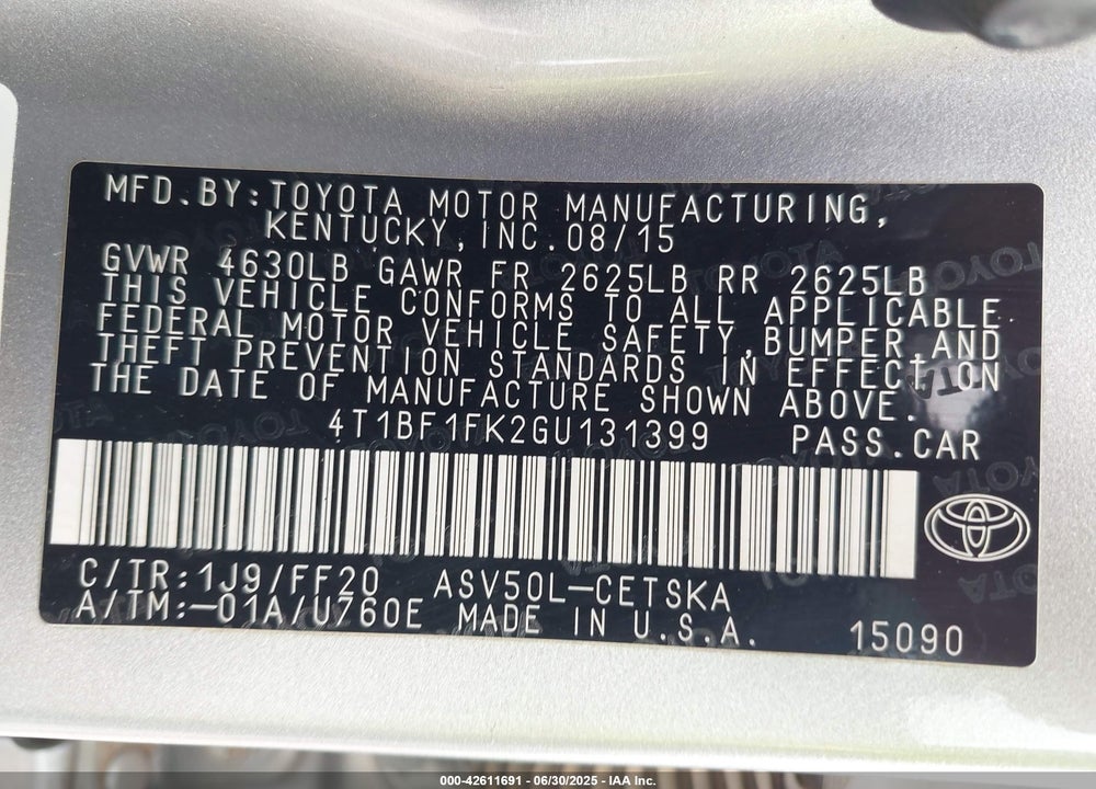 2016 TOYOTA CAMRY VIN: 4T1BF1FK2GU131399
