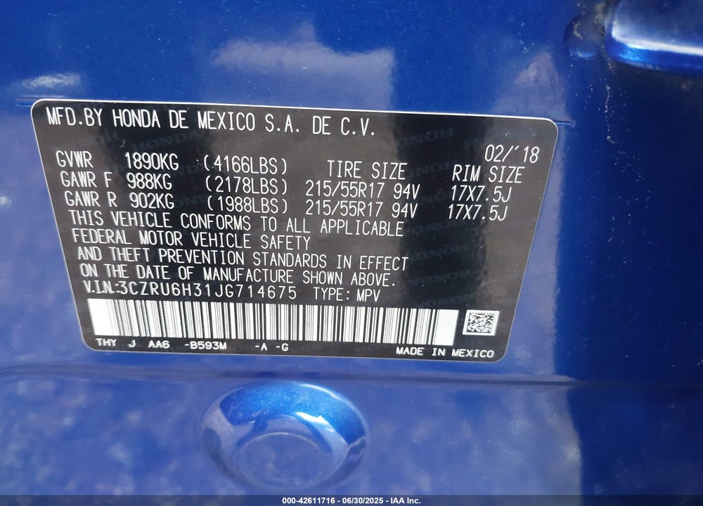 2018 HONDA HR-V VIN: 3CZRU6H31JG714675