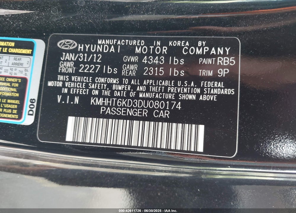 2013 HYUNDAI GENESIS VIN: KMHHT6KD3DU080174