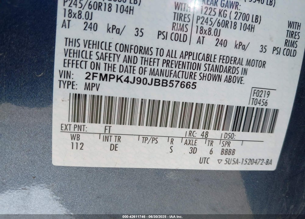 2018 FORD EDGE VIN: 2FMPK4J90JBB57665
