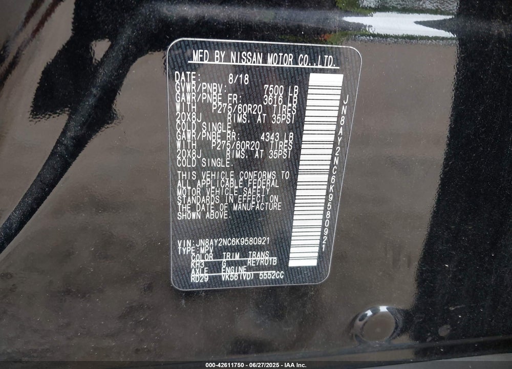 2019 NISSAN ARMADA VIN: JN8AY2NC6K9580921