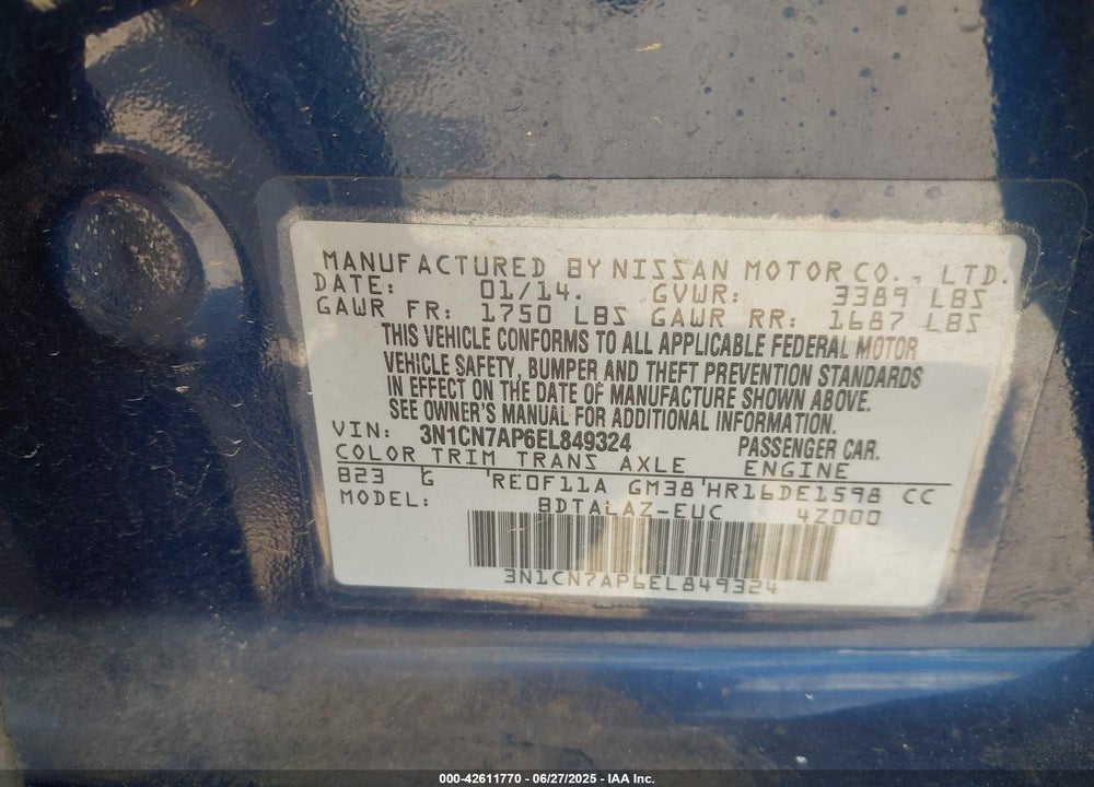 2014 NISSAN VERSA VIN: 3N1CN7AP6EL849324
