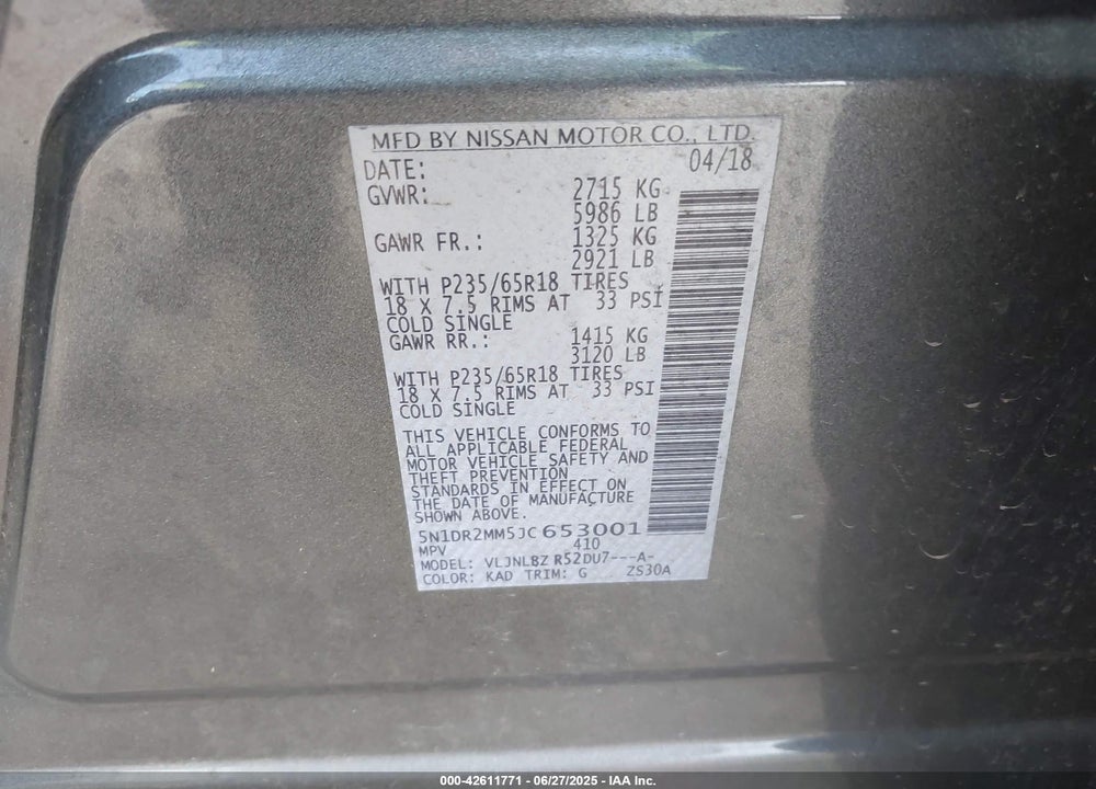 2018 NISSAN PATHFINDER VIN: 5N1DR2MM5JC653001