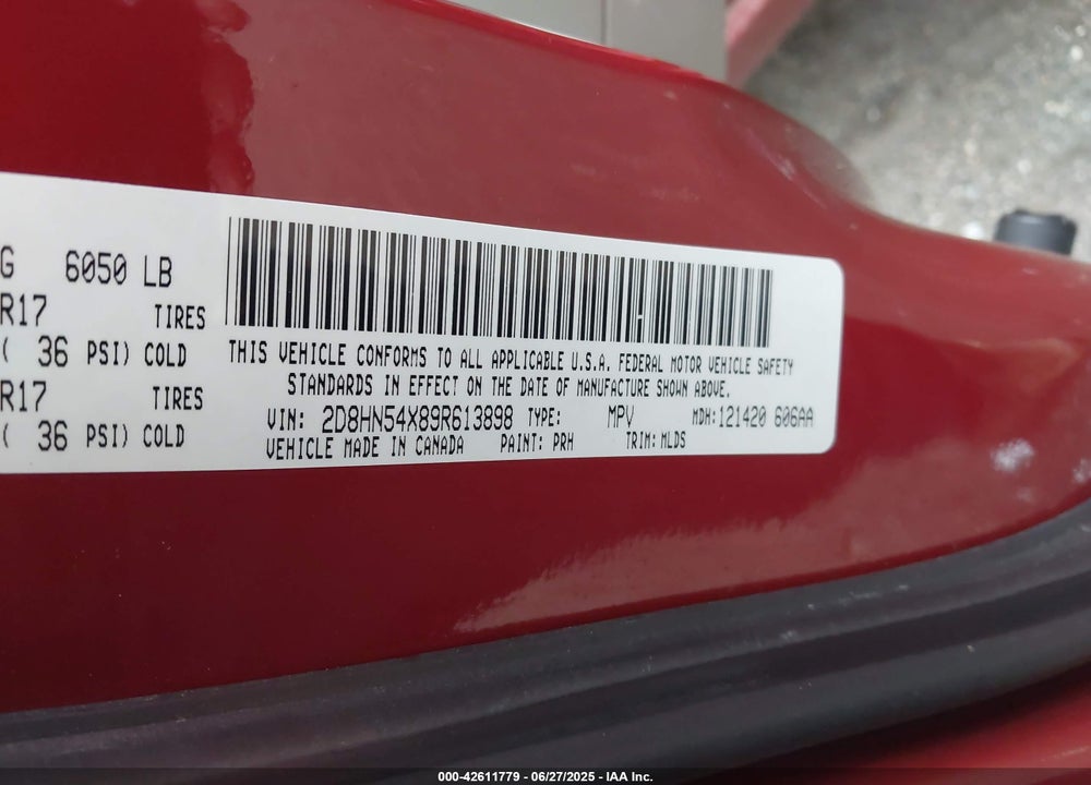 2009 DODGE GRAND CARAVAN VIN: 2D8HN54X89R613898