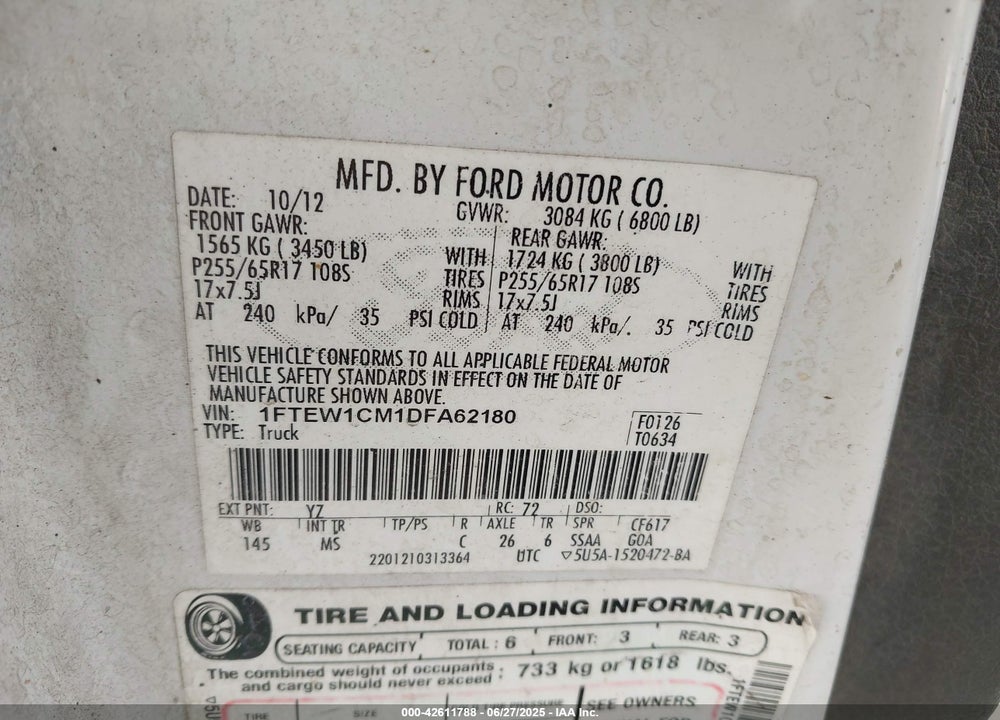 2013 FORD F-150 VIN: 1FTEW1CM1DFA62180