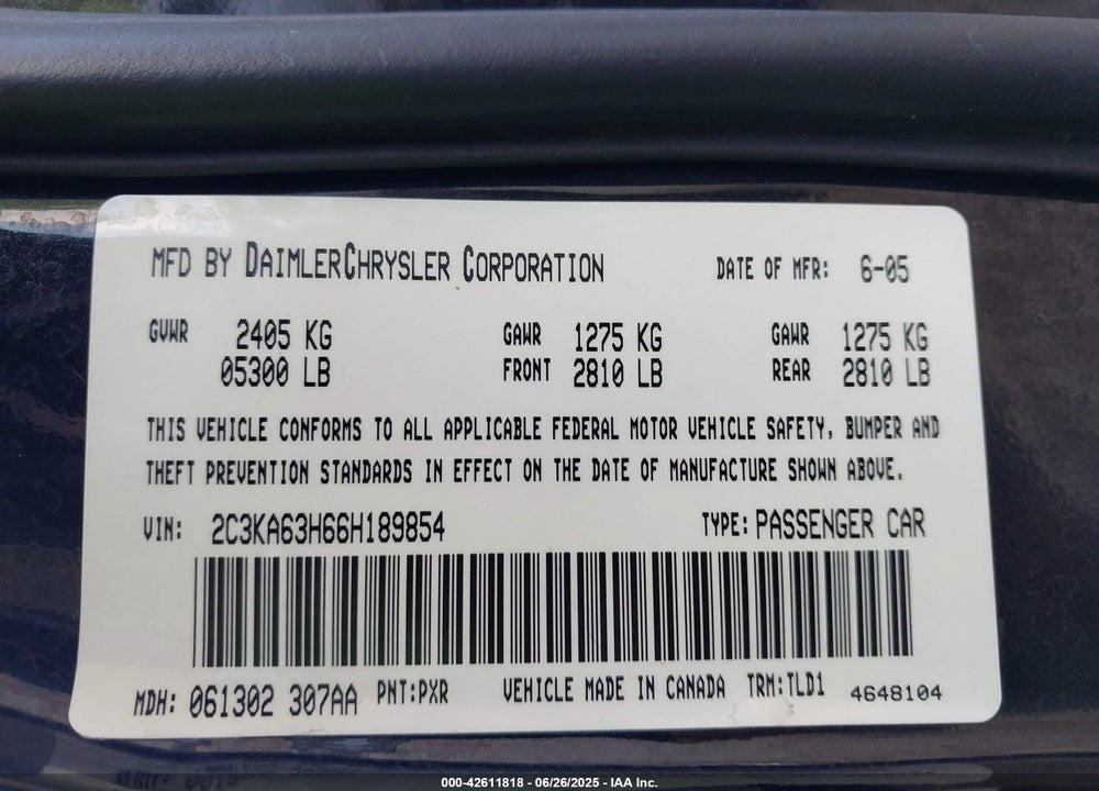 2006 CHRYSLER 300 VIN: 2C3KA63H66H189854