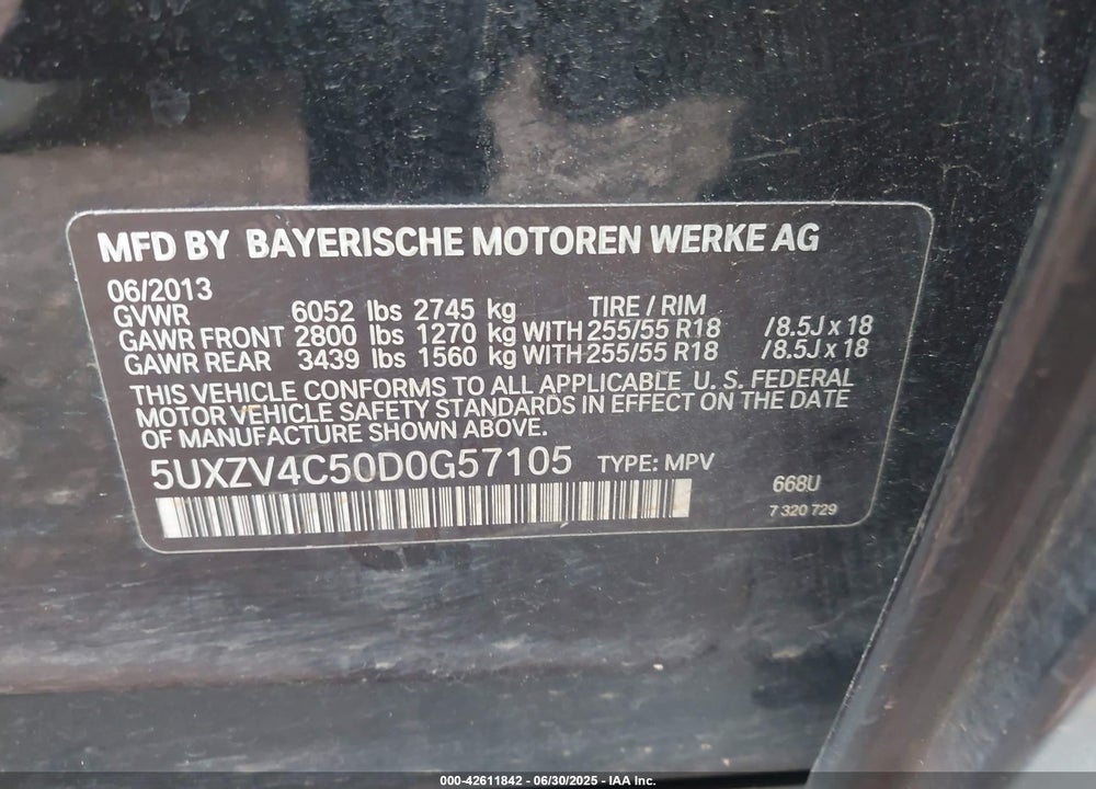 2013 BMW X5 VIN: 5UXZV4C50D0G57105