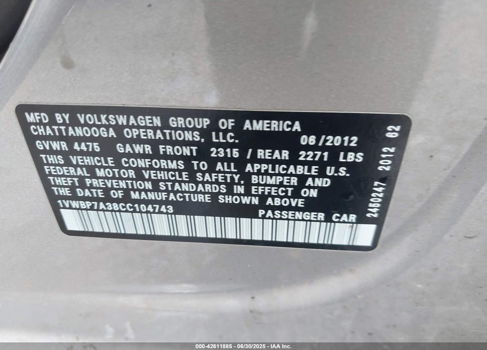 2012 VOLKSWAGEN PASSAT VIN: 1VWBP7A38CC104743