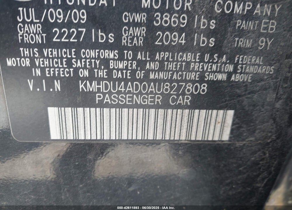 2010 HYUNDAI ELANTRA VIN: KMHDU4AD0AU827808