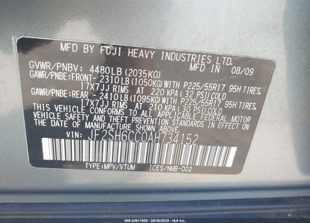 2010 SUBARU FORESTER VIN: JF2SH6CC0AH734152