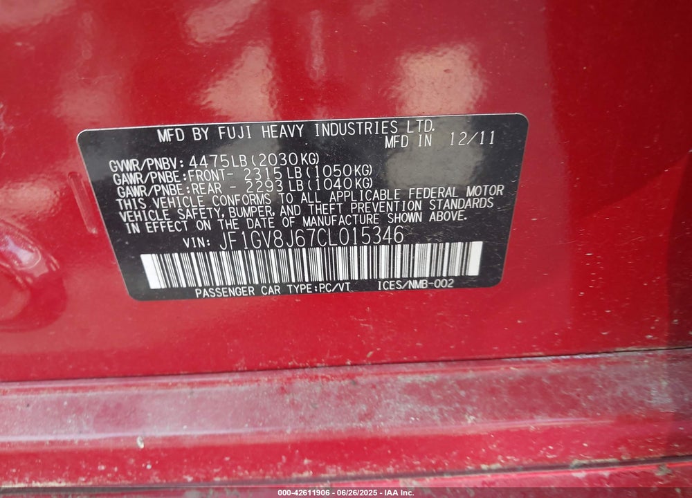 2012 SUBARU IMPREZA WRX STI VIN: JF1GV8J67CL015346