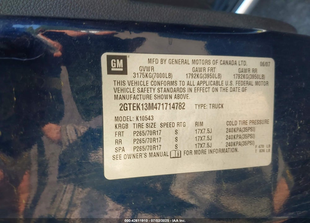 2007 GMC SIERRA 1500 VIN: 2GTEK13M471714782