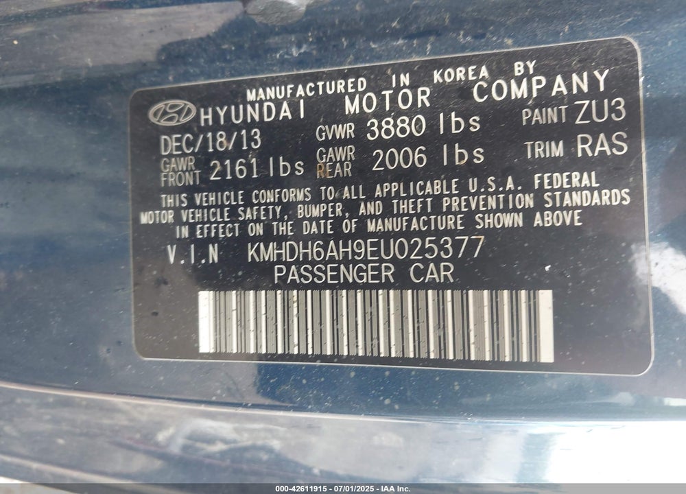 2014 HYUNDAI ELANTRA VIN: KMHDH6AH9EU025377