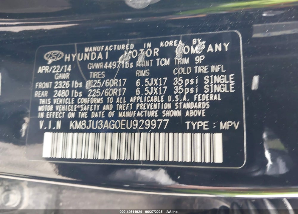 2014 HYUNDAI TUCSON VIN: KM8JU3AG0EU929977