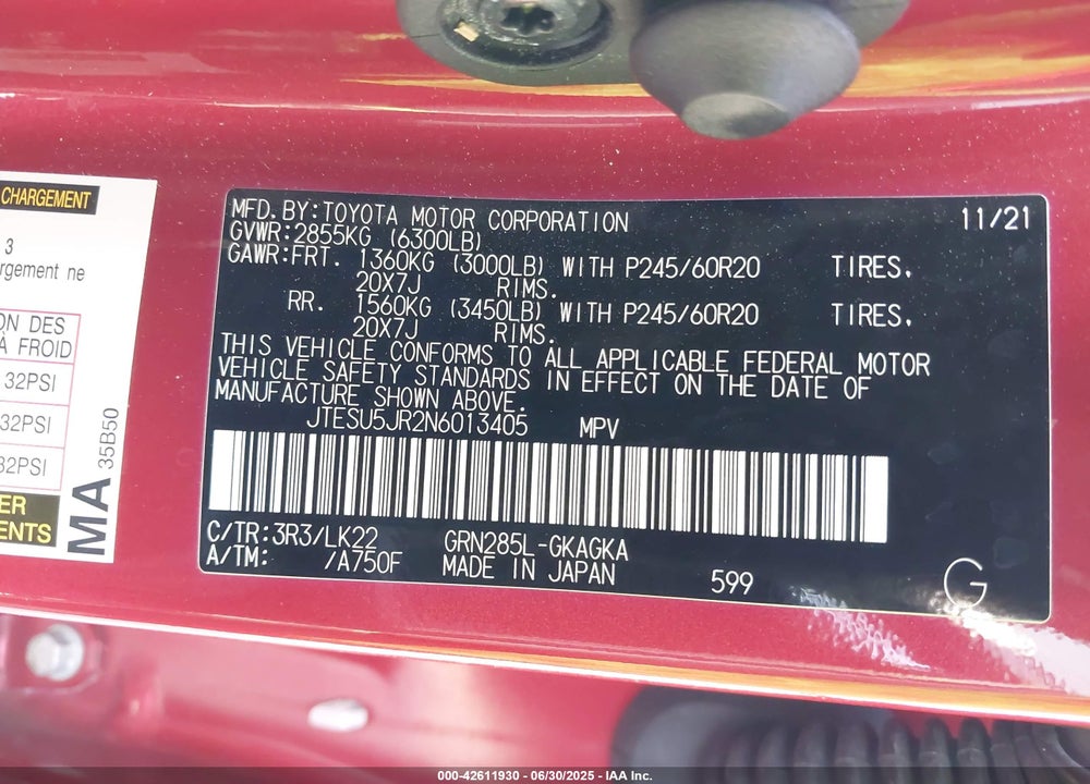 2022 TOYOTA 4RUNNER VIN: JTESU5JR2N6013405