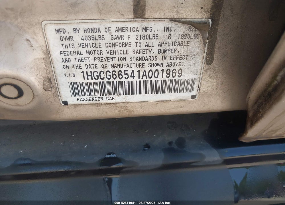 2001 HONDA ACCORD 2.3 LX VIN: 1HGCG66541A001969