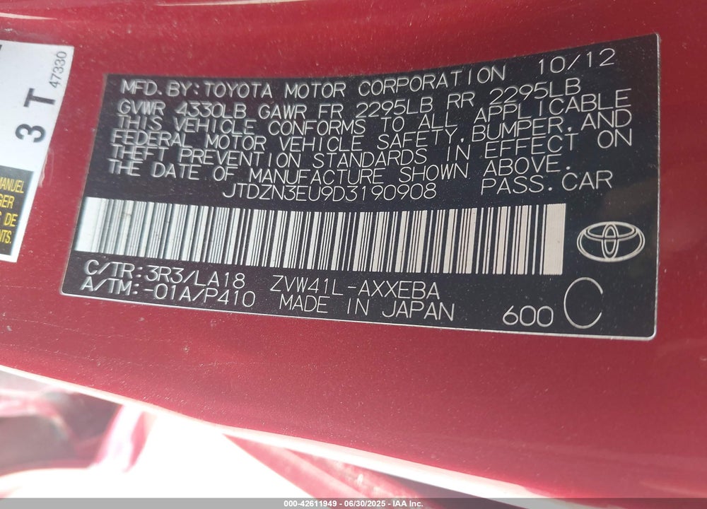 2013 TOYOTA PRIUS V VIN: JTDZN3EU9D3190908