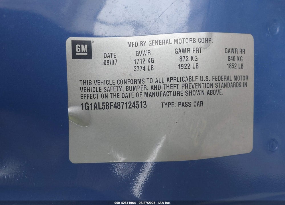 2008 CHEVROLET COBALT LT VIN: 1G1AL58F487124513