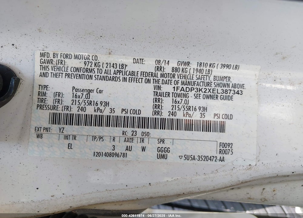 2014 FORD FOCUS VIN: 1FADP3K2XEL387343