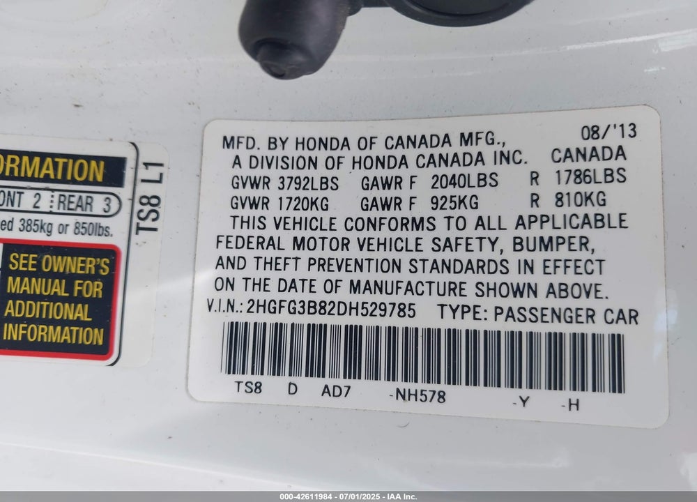 2013 HONDA CIVIC VIN: 2HGFG3B82DH529785