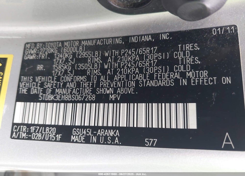 2011 TOYOTA HIGHLANDER VIN: 5TDBK3EH8BS067268