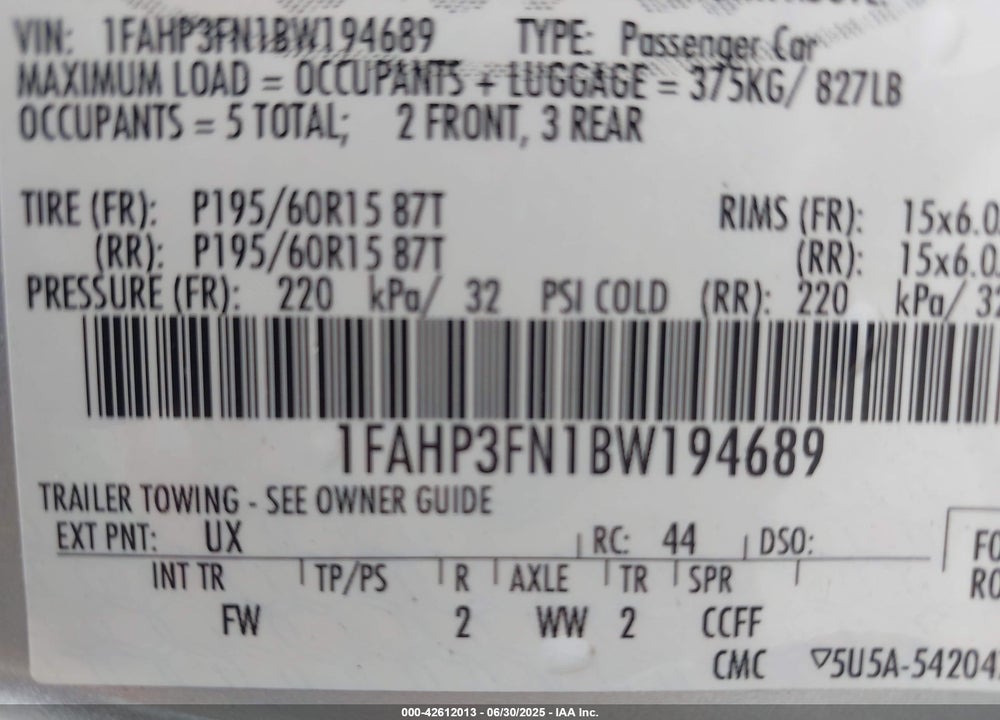 2011 FORD FOCUS VIN: 1FAHP3FN1BW194689
