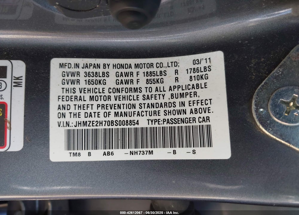 2011 HONDA INSIGHT EX VIN: JHMZE2H70BS008854