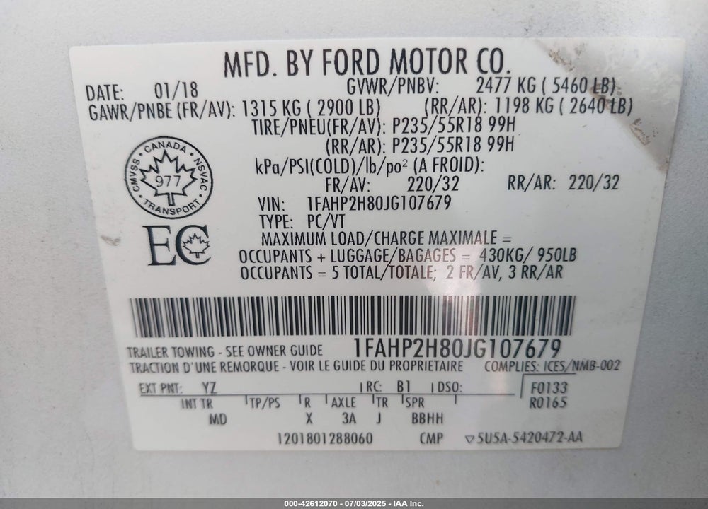 2018 FORD TAURUS VIN: 1FAHP2H80JG107679
