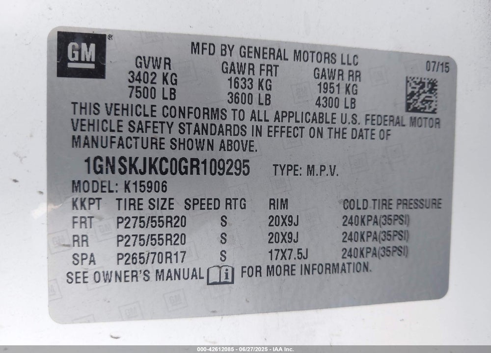 2016 CHEVROLET SUBURBAN VIN: 1GNSKJKC0GR109295
